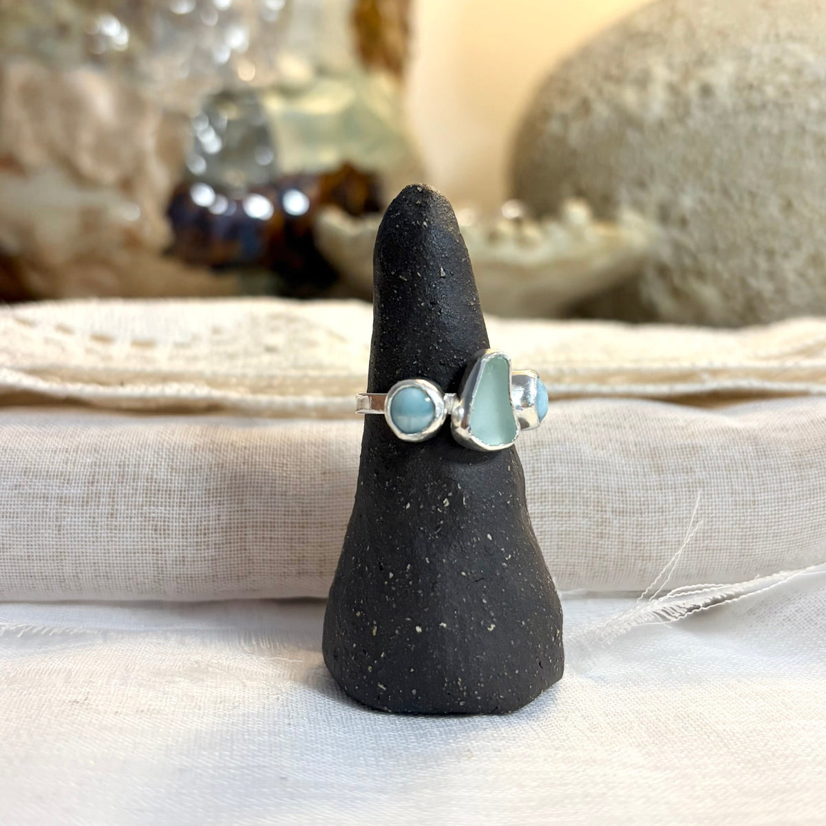 Sea Glass and Larimar Ring | Size 6.75 / Size N