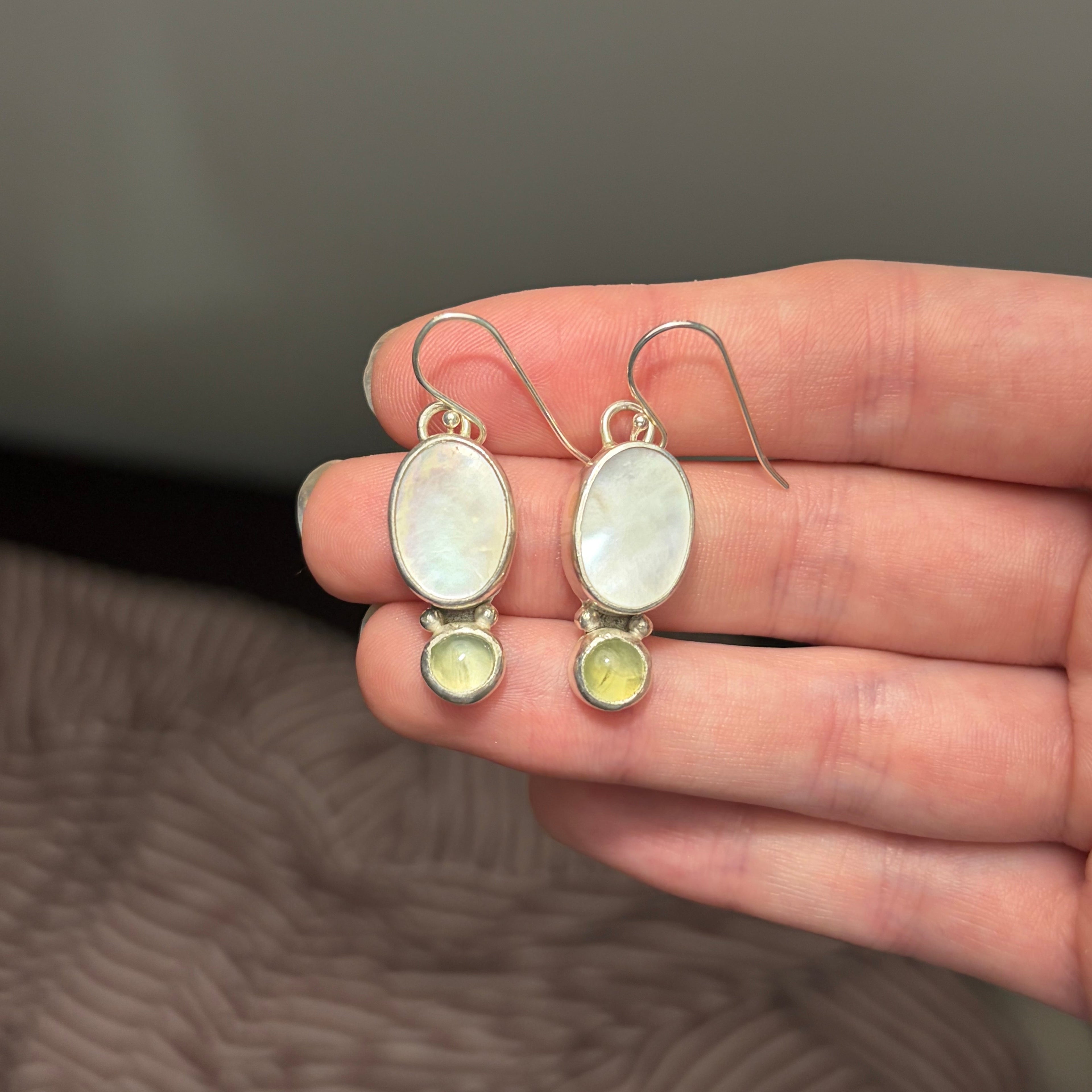 Mother of Pearl and Peridot Dangle Earrings