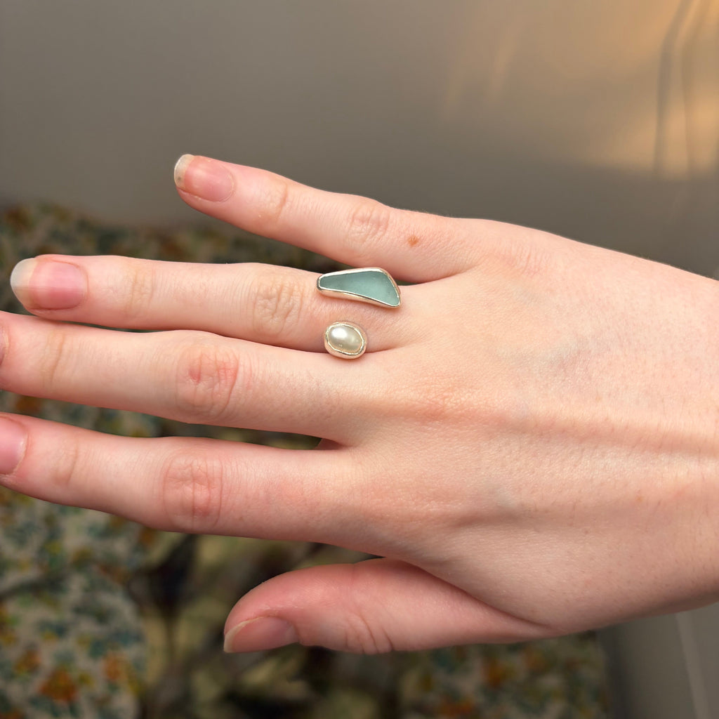 Sea Glass and Pearl Adjustable Ring | Approx size 4.75 - 7 / Size J - N 1/2