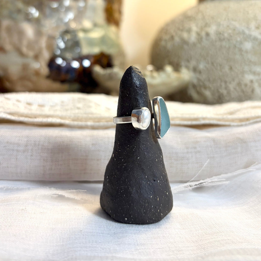 Sea Glass and Pearl Adjustable Ring | Approx size 4.75 - 7 / Size J - N 1/2