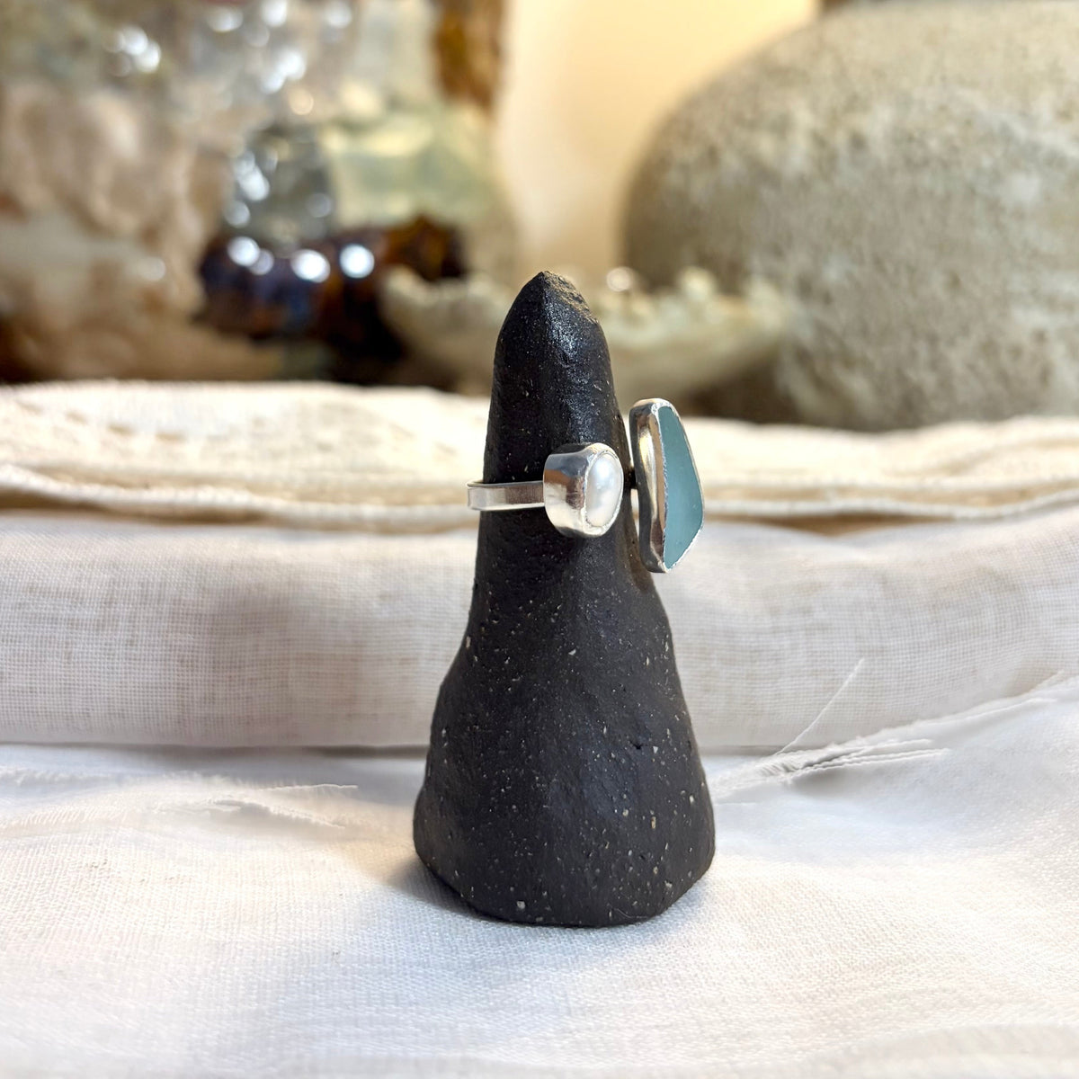 Sea Glass and Pearl Adjustable Ring | Approx size 4.75 - 7 / Size J - N 1/2