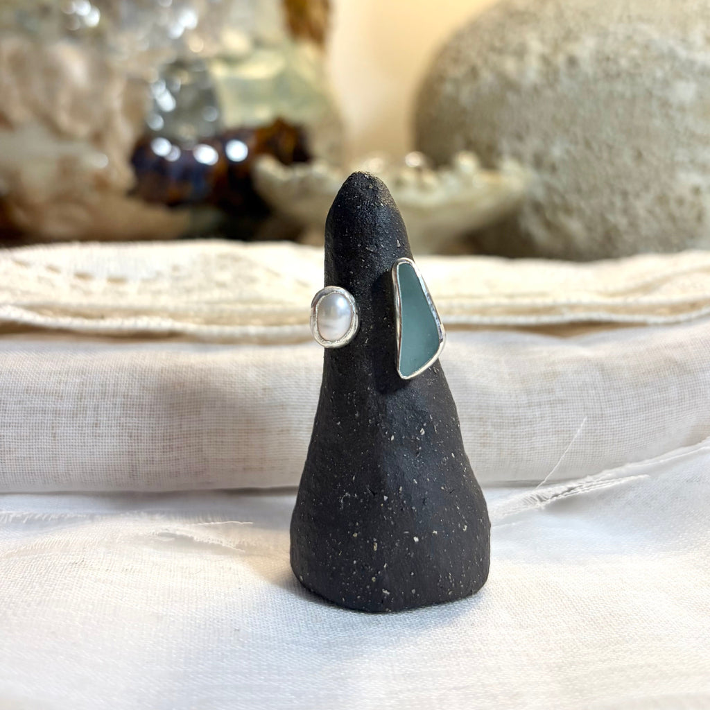 Sea Glass and Pearl Adjustable Ring | Approx size 4.75 - 7 / Size J - N 1/2