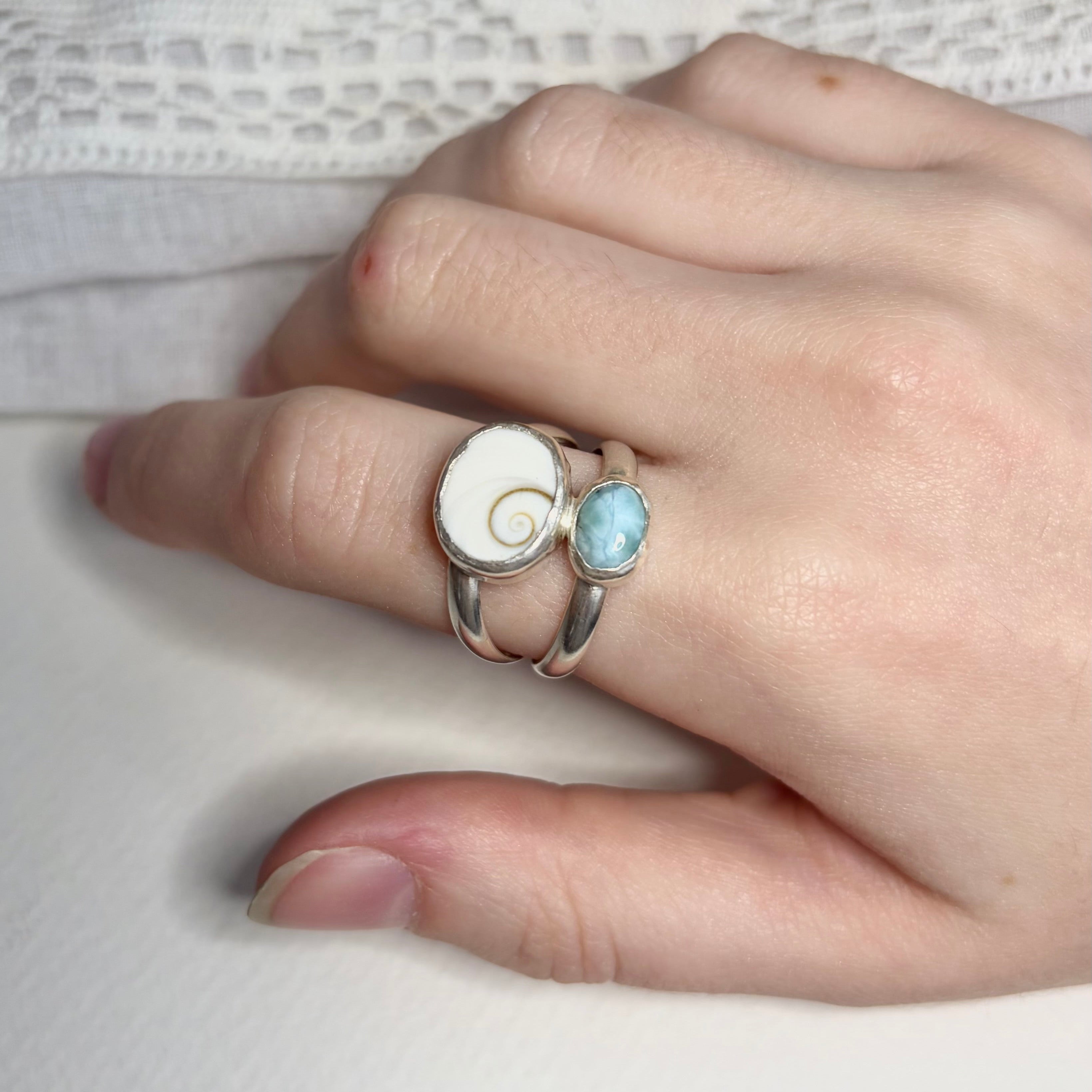 Shiva Eye Shell and Larimar Ring | Size 9.25 / Size S