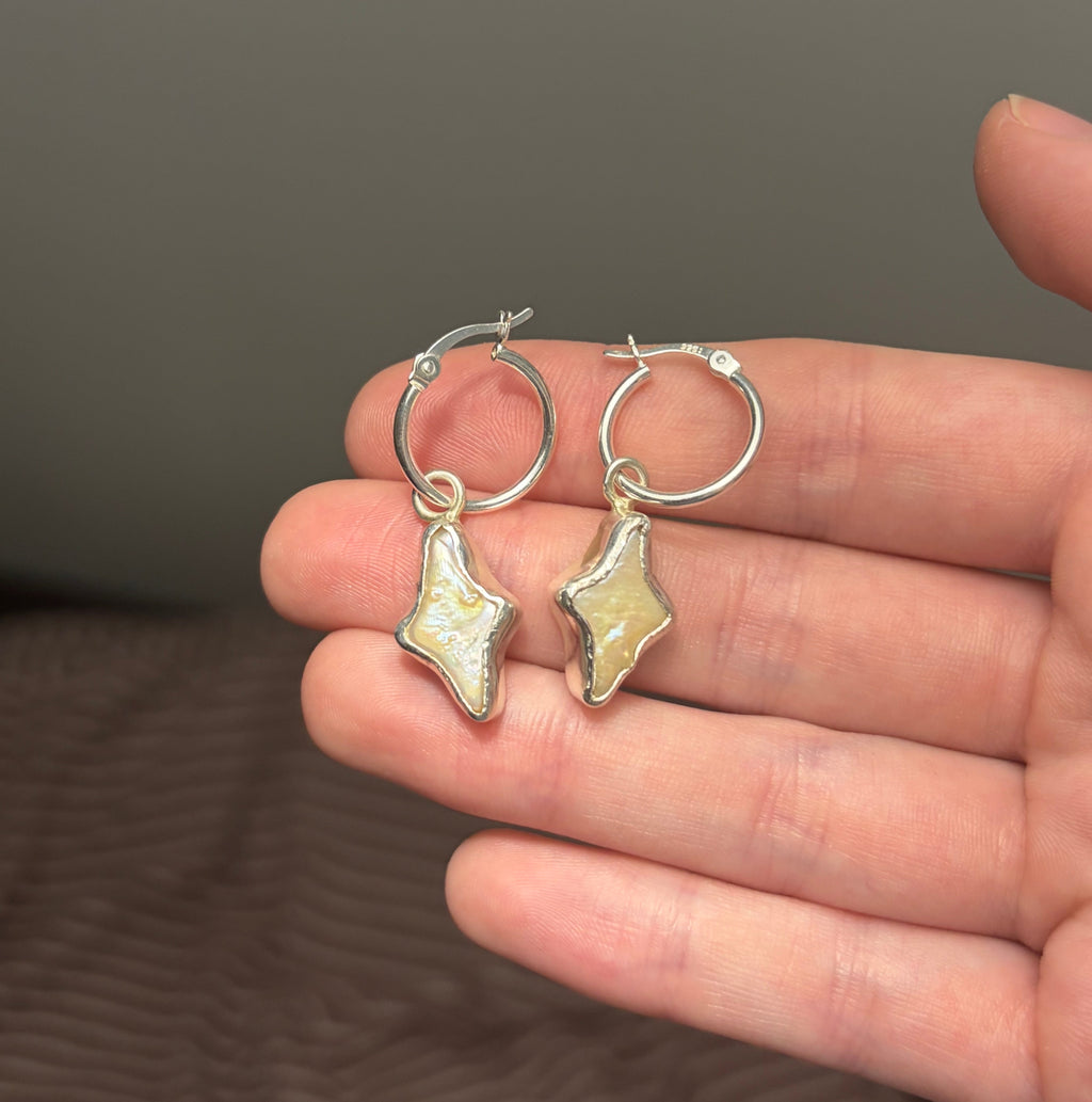 Diamond Shape Pearl Earring Hoops