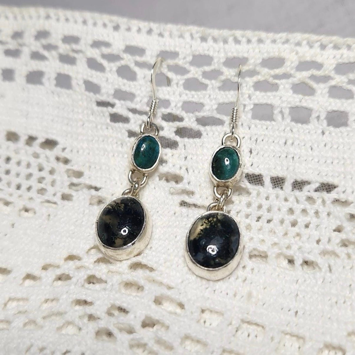 Turquoise and Moss Agate Dangle Earrings